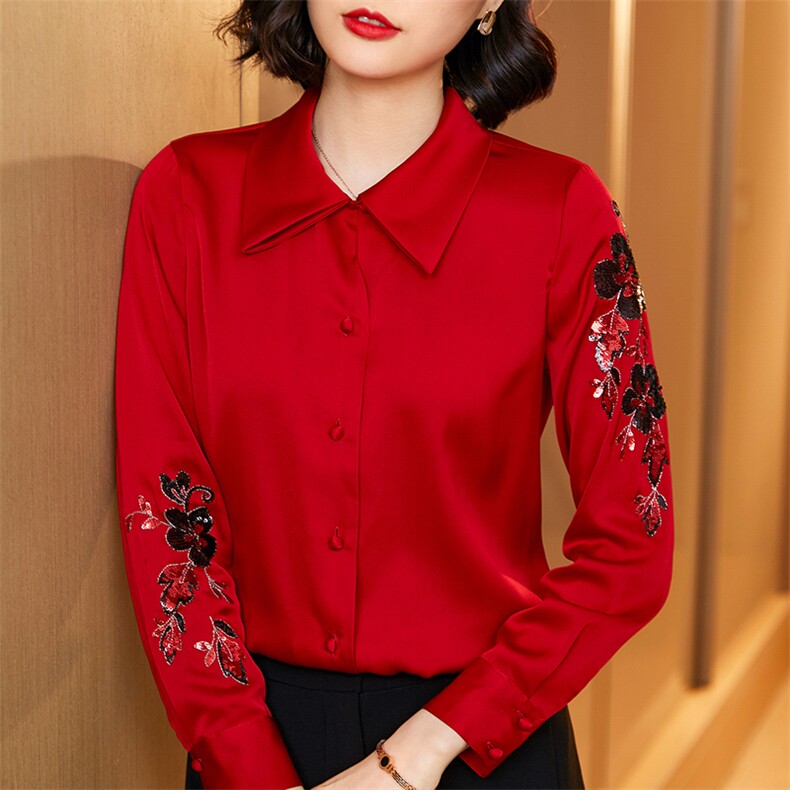 优雅红色真丝衬衫女长袖刺绣修身显瘦职业装上衣单排扣翻领衬衣，女装衬衫，宋氏羊绒