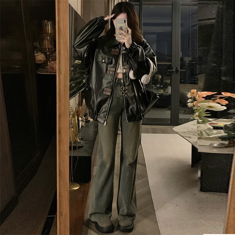 A343-P120美式复古皮衣男女春秋设计感宽松机车PU皮夹克潮,男装夹克,星座911