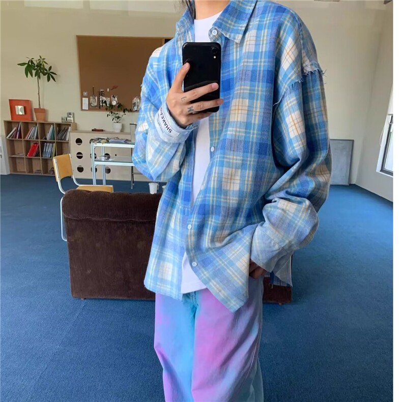 ins复古格子衬衫男高级感秋季新款穿搭ins宽松休闲长袖衬衣,男装衬衫,星座218-1（原230）
