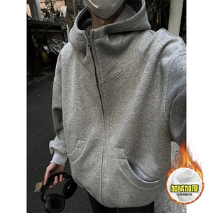 480G重磅加绒硬挺boxy 男女秋冬美式高街防风高领卫衣开衫厚外套图片