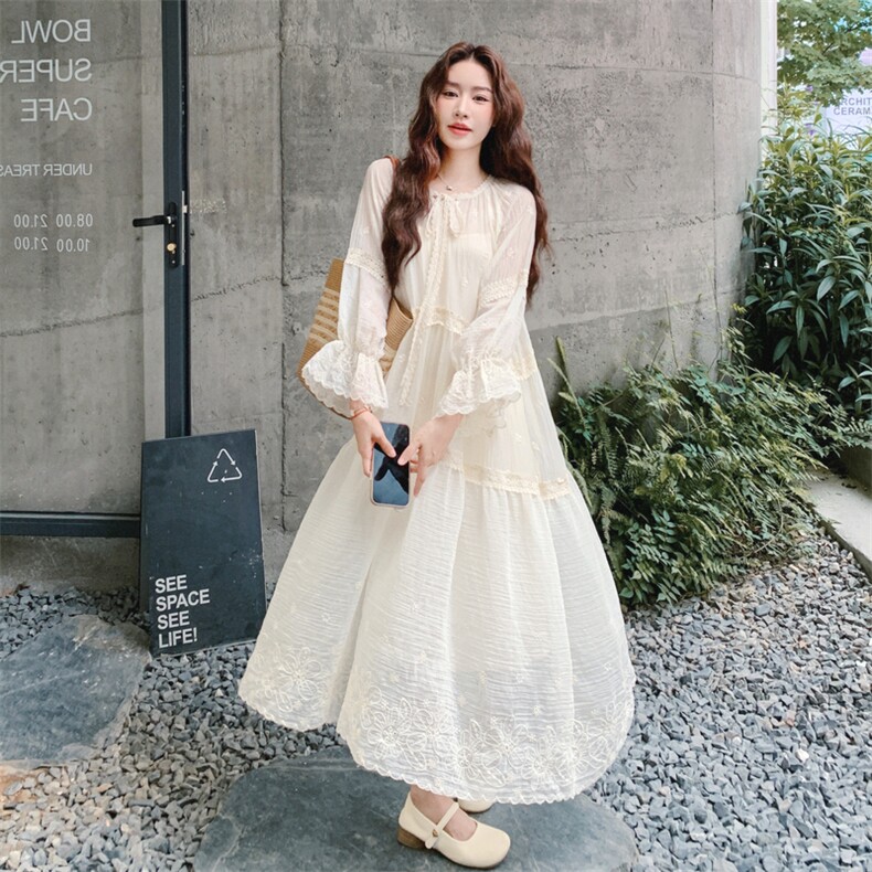 清纯乖乖妹白色连衣裙女春秋2025流行超火好看独特漂亮掐腰长裙子,女装连衣裙,2B187