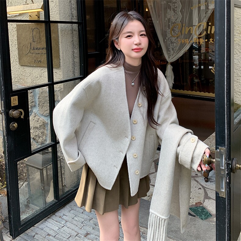 韩版保暖围脖双面羊绒呢子大衣女2025秋冬季新款显瘦短款毛呢外套,女装双面呢大衣,蝶眷