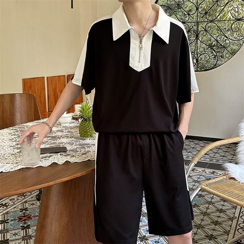套夏季男原宿潮流新款简约ins百搭日系五分袖慵懒休闲套装五分裤,男装休闲套装,星座302B-2