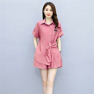 2021夏季新款简约时尚气质翻领个性衣摆设计休闲舒适两件套图片