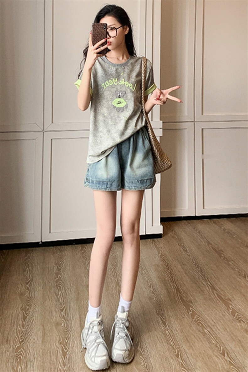 女夏新休闲运动时尚套装洋气百搭圆领扎染刺绣短袖牛仔短裤两件套,女装套装/套裙,江南
