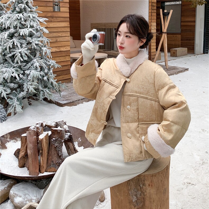 新中式风毛绒领短款羽绒服女冬季新款90白鸭绒小个子保暖外套,女装羽绒服,2C159