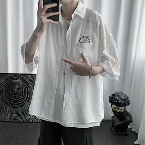夏季新款韩版休闲百搭五分袖衬衫男学生宽松纯色bf衬衣3320-P28图片