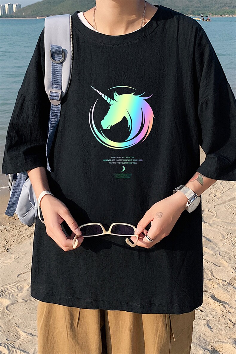 YT26138-P30亚麻短袖t恤男大码五分袖男宽松七分袖港风模特,男装T恤,电商A040