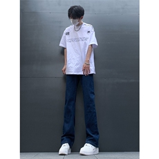 春夏主推大码黑色毛边破洞微喇黄泥牛仔裤直筒裤K10-P50，男装牛仔裤，星座205