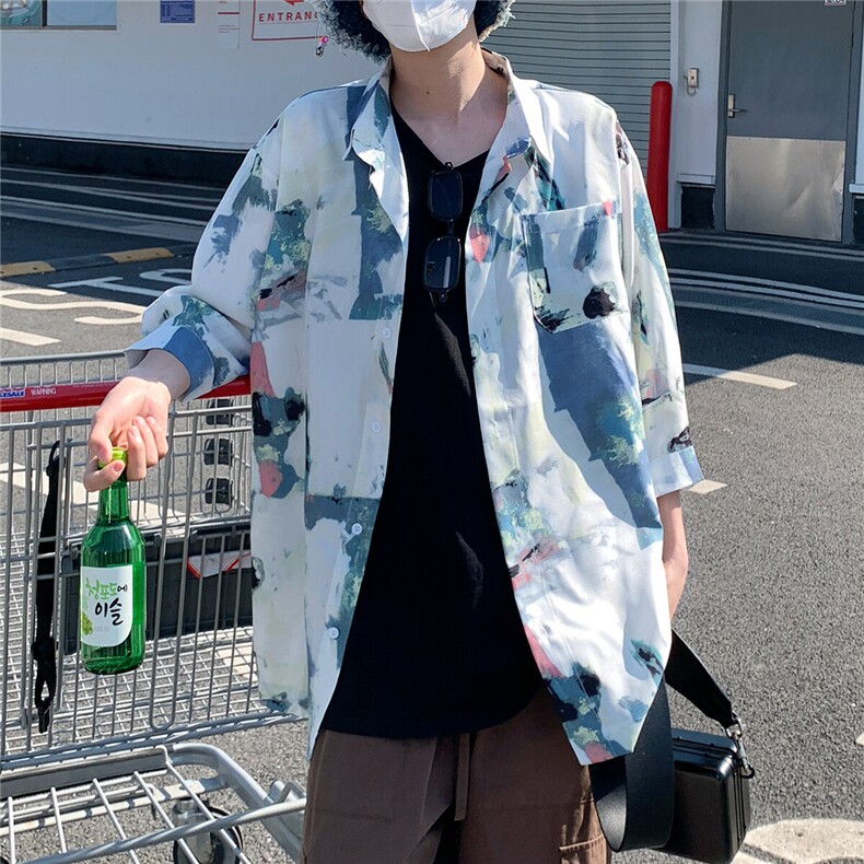 2026夏休闲水墨画冰丝凉感短袖五分袖半袖衬衫CS29/特P30浅蓝,男装衬衫,电商A094