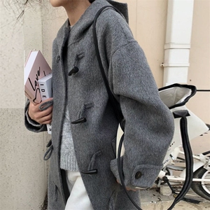 灰色连帽呢子大衣女中长款2023新款宽松牛角扣夹棉加厚毛呢外套图片