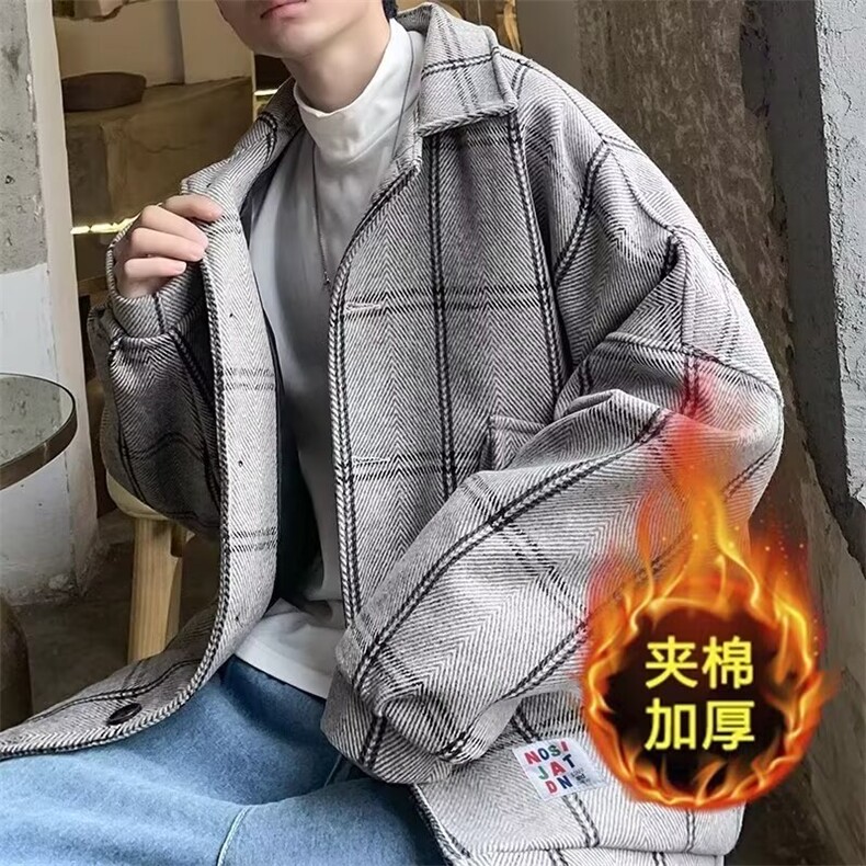 加绒加厚冬款男棉衣条纹格子毛呢棉袄保暖外套MA2406P70,男装棉衣,星座1013-1