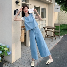 减龄时尚牛仔背心阔腿裤套装女夏ootd穿搭减龄三件套今年流行爆款，女装套装/套裙，2C012