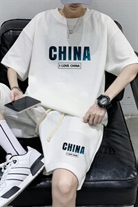 ！2024夏季男士简约字母印花男士华夫格短袖套装HTZ16P50图片