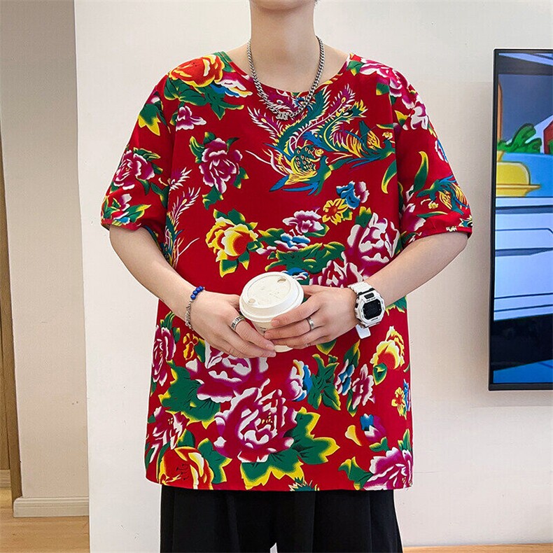 东北大花布短袖T恤男夏季国潮牡丹花网红情侣宽松大码圆领半截袖,男装T恤,星座115A(原星座507）