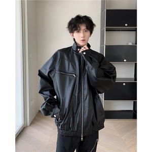 美式复古拉链装饰PU皮夹克男女生春秋新款宽松机车外套W6060-P72