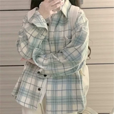 2025新款绿色磨毛格子衬衫女春季法式外搭开衫上衣小个子复古外套，男装衬衫，星座506A