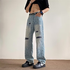 美式腰果花高街破洞牛仔裤男款水洗做旧微喇长裤KA7115-P53，男装牛仔裤，星座208-5