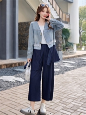 休闲牛仔套装女春秋季高级感蕾丝拼接阔腿裤两件套减龄气质，女装套装/套裙，欣品汇