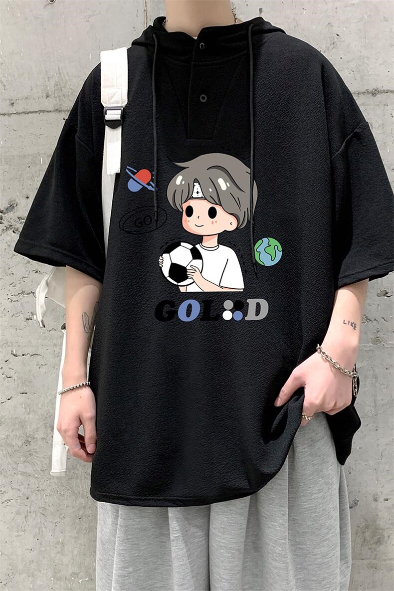 LD54207-P45连帽短袖t恤男大码胖子带帽五分袖中袖,男装T恤,电商A040