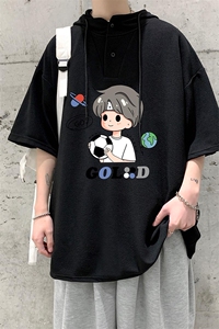 LD54207-P45 连帽短袖t恤男大码胖子带帽五分袖中袖图片