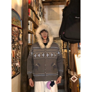 重磅北极绒座山雕毛衣外套冬美式复古休闲慵懒风大毛毛领针织开衫图片