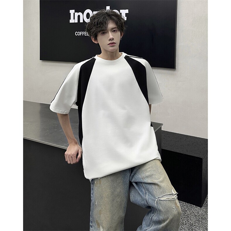 高品质二开240克重磅宽松纯棉拼接潮牌三条杠织带短袖T恤DT49,男装T恤,电商A486-1