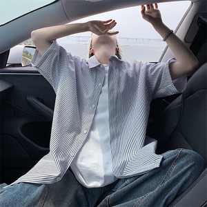 B221 美式ins高街宽松薄款条纹短袖衬衫SY2552-特P28控49图片