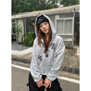 JIAONI美式复古豹纹拼接连帽开衫卫衣女重磅宽松休闲高街拉链上衣图片