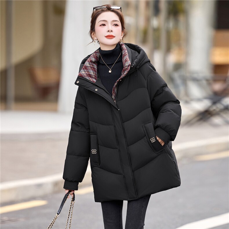 现货2025年新款90绒白鸭绒中长款羽绒服女上衣外套女格子拼接宽松,女装羽绒服,璐依舞