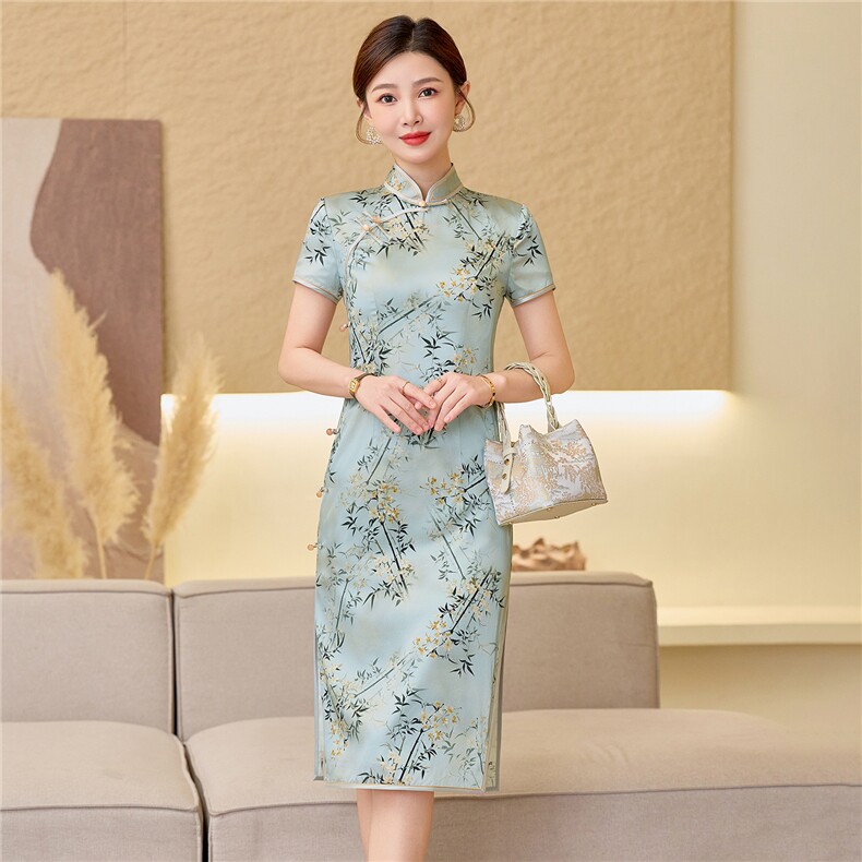 杭州品质真丝中长裙考试专用节节高女春夏日常修身潮流真丝旗袍,女装汉服/婚纱/旗袍/礼服,小荷流