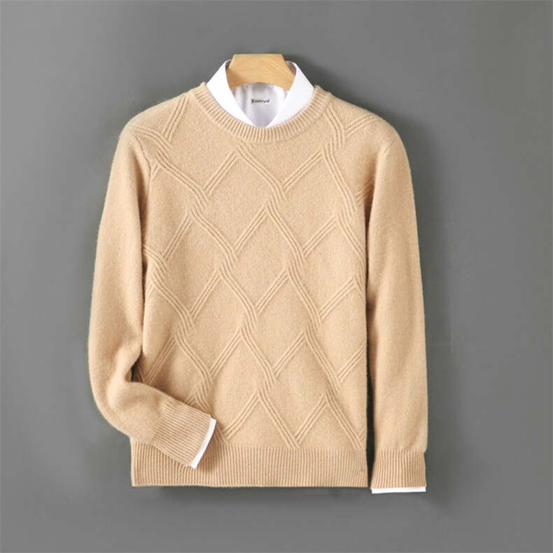 羊毛菱形扭花纯色圆领羊毛衫商务绅士男装，男装羊毛衫，嘉日羊绒