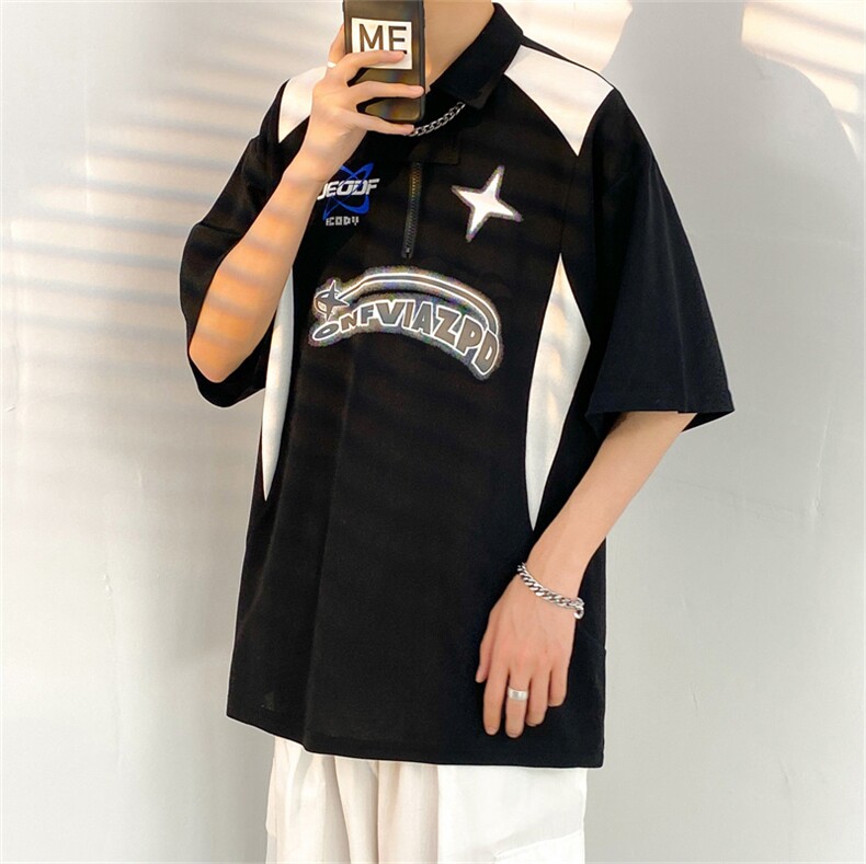 港风翻领polo衫男短袖夏季ins潮流宽松百搭潮牌半袖T1147-P32,男装T恤,星座512-2