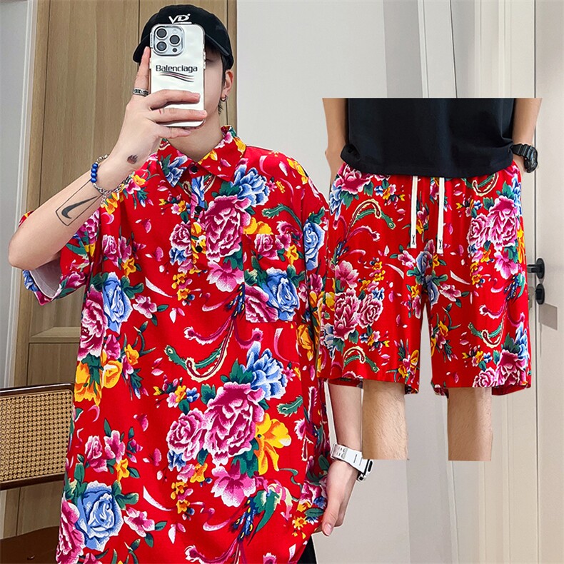TZP风东北大花汉服套装polo衫短裤大码花TEE套装团队服休闲装图片