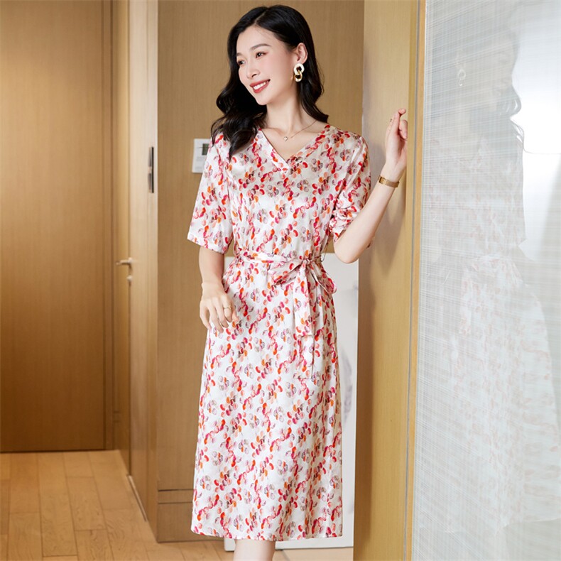 假两件碎花真丝连衣裙女夏季短袖郁金香印花桑蚕丝荷叶边裙子气质,女装连衣裙,阿舍尔精品