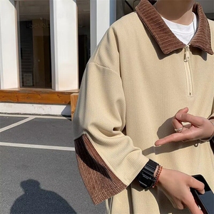 落肩袖日常潮宽松型夏季七分袖短袖翻领拼色华夫格青少年常规纯色图片