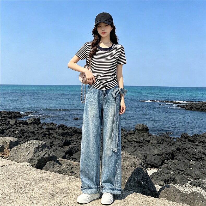 慵懒风时尚休闲套装女夏季新款圆领条纹短袖上衣烫钻牛仔裤两件套,女装套装/套裙,江南