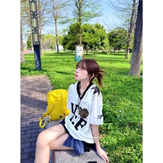 美式运动t恤女夏季穿搭豹纹爱心球衣短袖复古宽松休闲速干v领上衣，男装T恤，星座601-1