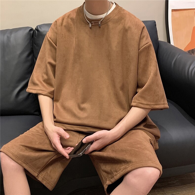 1港风模麂皮绒大码M-5XL短TDT8766P23DK8767P32套装TZ8757P55，男装休闲套装，星座226-2