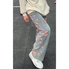 cleanfit玫瑰满印牛仔裤男春夏季阔腿裤子美式显瘦直筒休闲工装裤，男装牛仔裤，星座1116A（原606A-3）