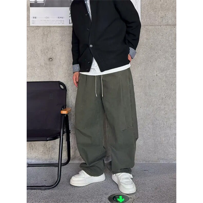 抖音得物纯色简约休闲裤男日系复古宽松束脚口袋装饰工装裤AK10,男装工装外套,电商A443