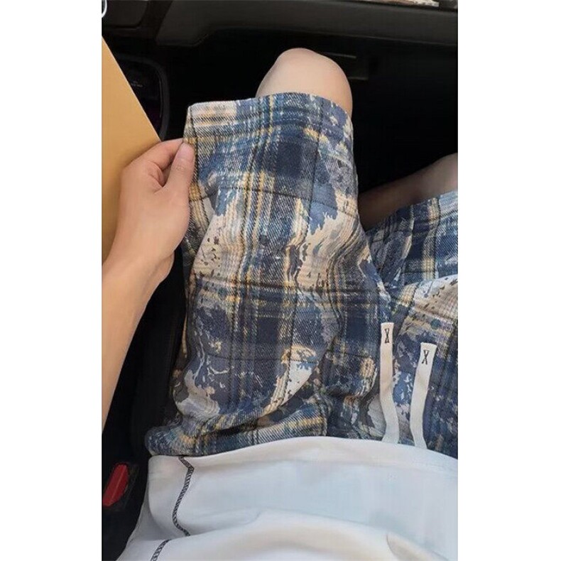绿色扎染格子短裤男夏季薄款裤子设计感慵懒不过膝五分裤KD332,男装牛仔裤,星座1116A（原606A-3）
