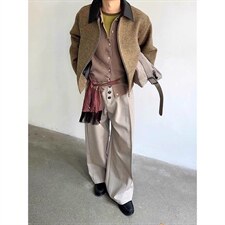 美式复古老钱风pu皮拼接短款夹克男秋冬季高级感cleanfit毛呢外套，男装夹克，四季星座505