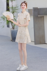 时尚复古新中式提花旗袍套装女夏盘扣立领短袖开叉上衣短裤两件套，女装套装/套裙，江南
