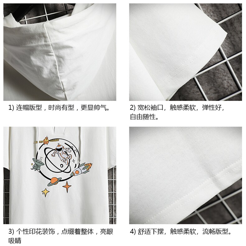 LD54142-P45连帽短袖t恤男大码胖子带帽五分袖中袖网格挂拍,男装T恤,电商A040A