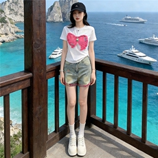 学院风网红时尚套装女夏款圆领刺绣蝴蝶结短袖阔腿牛仔短裤两件套，女装套装/套裙，江南