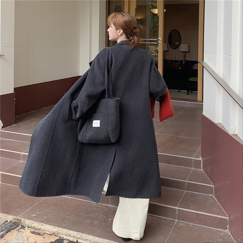 韩版气质长款深灰色毛呢大衣女2025冬季新款显瘦加厚过膝呢子外套,女装双面呢大衣,蝶眷