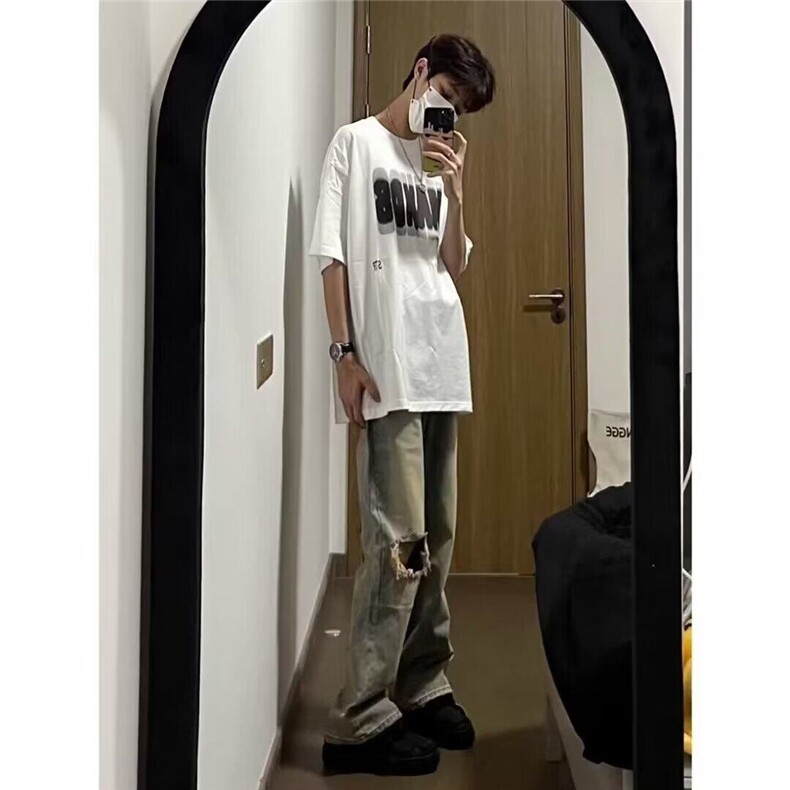 DN975-P45美式水洗高街复古破洞牛仔裤男夏季乞丐裤网-图现货,男装牛仔裤,星座603-2