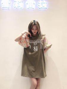 拼接小碎花袖字母连衣裙带口袋，女装连衣裙，雪莉雷拉