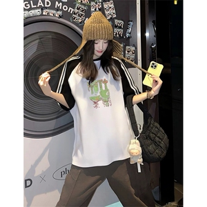 抖音得物品质二开240克宽松纯棉美式潮牌插肩三杠织带短袖T恤